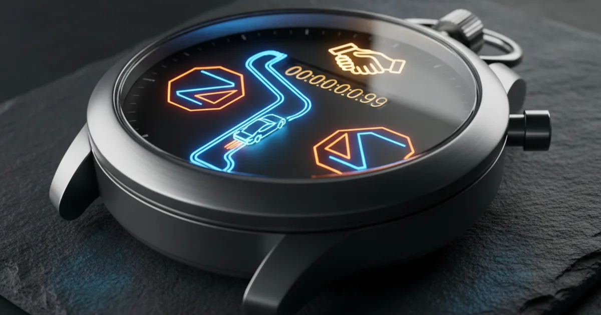 A high-end 3D render of a sleek, brushed-metal stopwatch resting on a dark slate desk. Inside the watch face, a miniature, glowing neon-blue race car speeds