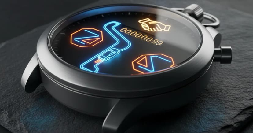 A high-end 3D render of a sleek, brushed-metal stopwatch resting on a dark slate desk. Inside the watch face, a miniature, glowing neon-blue race car speeds