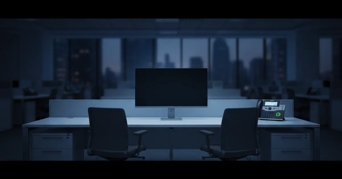A commercial-grade telephone console on an empty reception desk in a modern office after hours, lit only by the cool blue glow of a computer screen in the