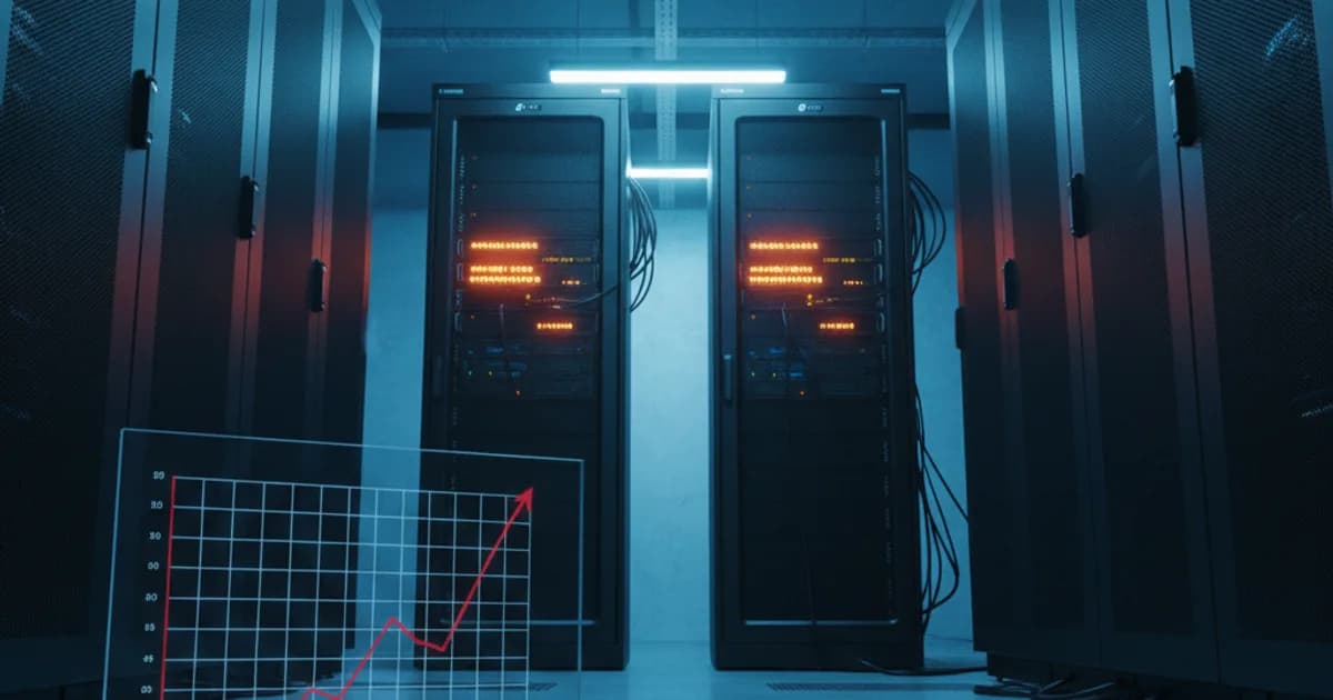 A server rack room photographed from floor level, lit by cool blue overhead lighting with warm amber warning indicators glowing on two overloaded rack units