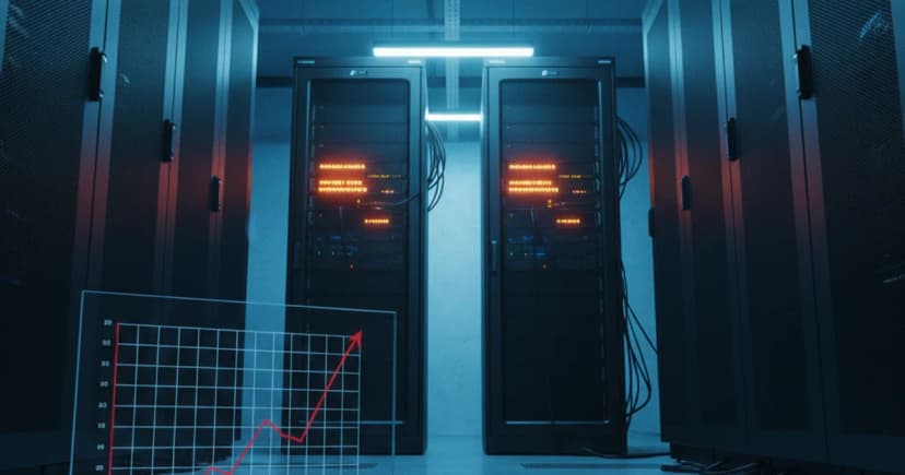 A server rack room photographed from floor level, lit by cool blue overhead lighting with warm amber warning indicators glowing on two overloaded rack units
