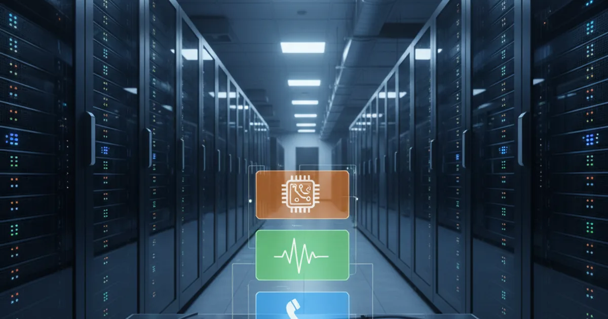 A clean editorial photograph of a server rack in a modern data center, shot from a low angle with cool blue ambient lighting