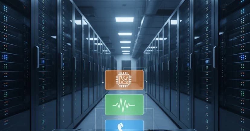 A clean editorial photograph of a server rack in a modern data center, shot from a low angle with cool blue ambient lighting