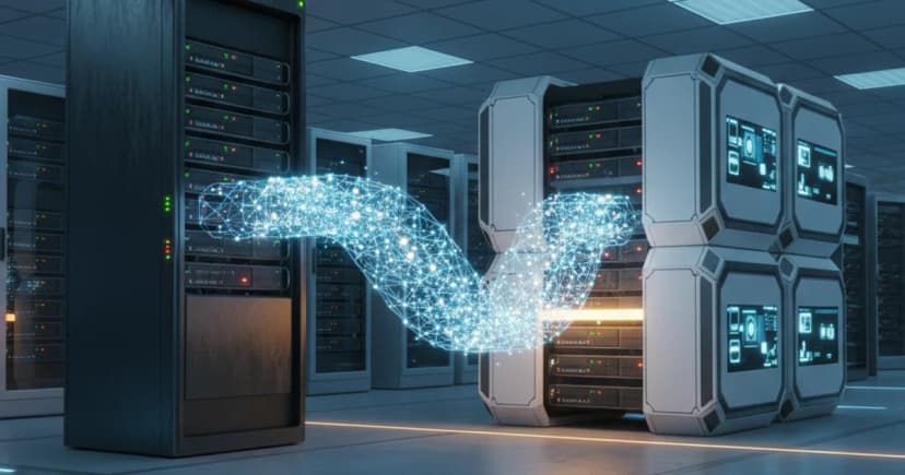 A clean 3D render of a server rack in a data center, with a visible pipeline of glowing data nodes flowing from an older monolithic database tower on the left