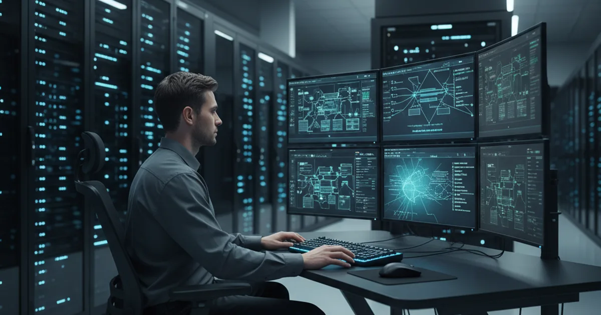 A clean editorial-style photograph of a large server room operations center, shot from a slightly elevated angle