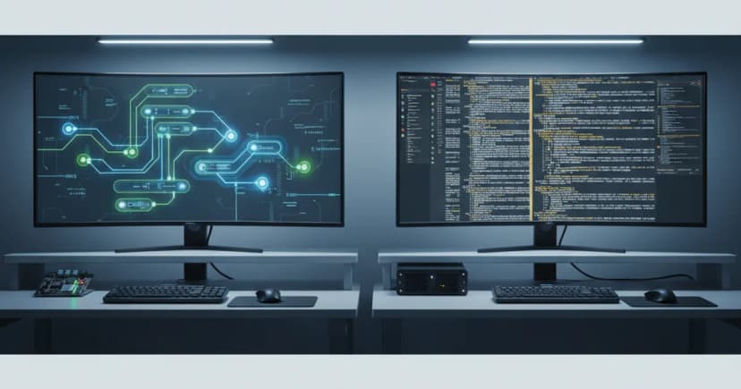 A clean, well-lit engineering workspace showing two distinct workstation setups side by side: one with a structured circuit-board-style modular routing diagram