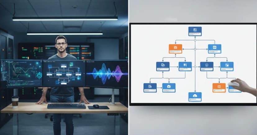 A split-screen scene set in a modern enterprise operations center with cool overhead lighting