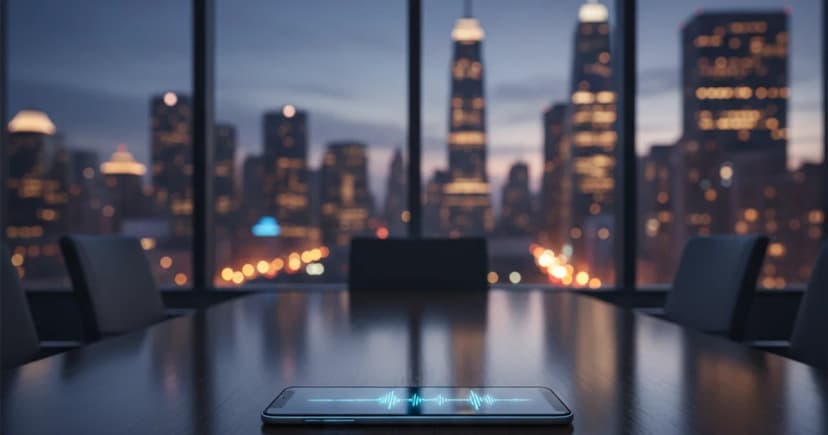 A sleek modern smartphone displaying a glowing voice waveform on its screen sits on a polished conference table in a dimly lit enterprise boardroom