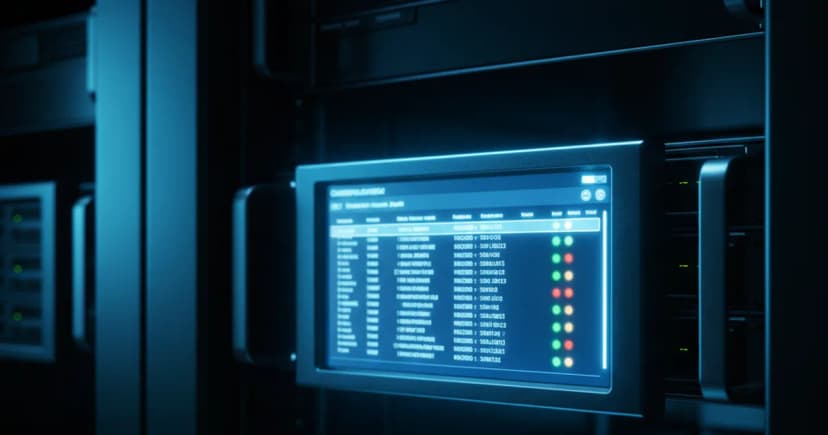 A close-up, editorial-style photograph of a server rack in a dimly lit data center, with a single illuminated compliance dashboard screen in the foreground
