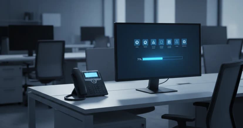 A clean, well-lit corporate IT helpdesk office after hours