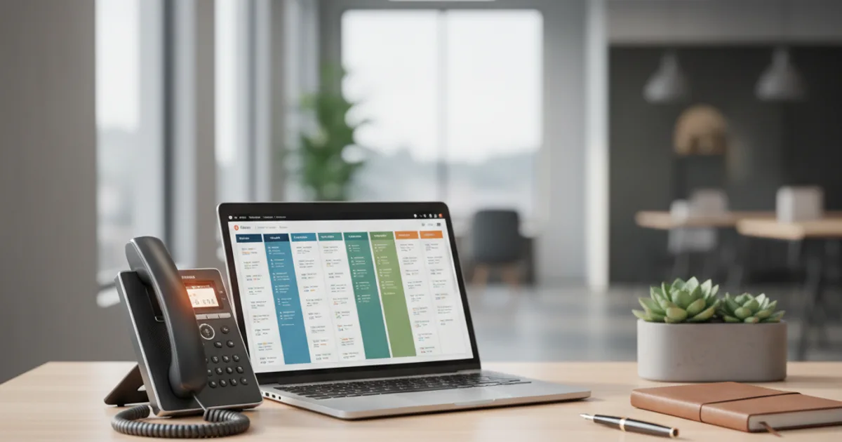 A clean editorial photograph of a modern commercial real estate office desk, shot with natural window light from the side
