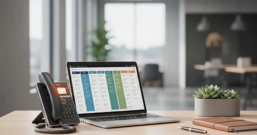 A clean editorial photograph of a modern commercial real estate office desk, shot with natural window light from the side