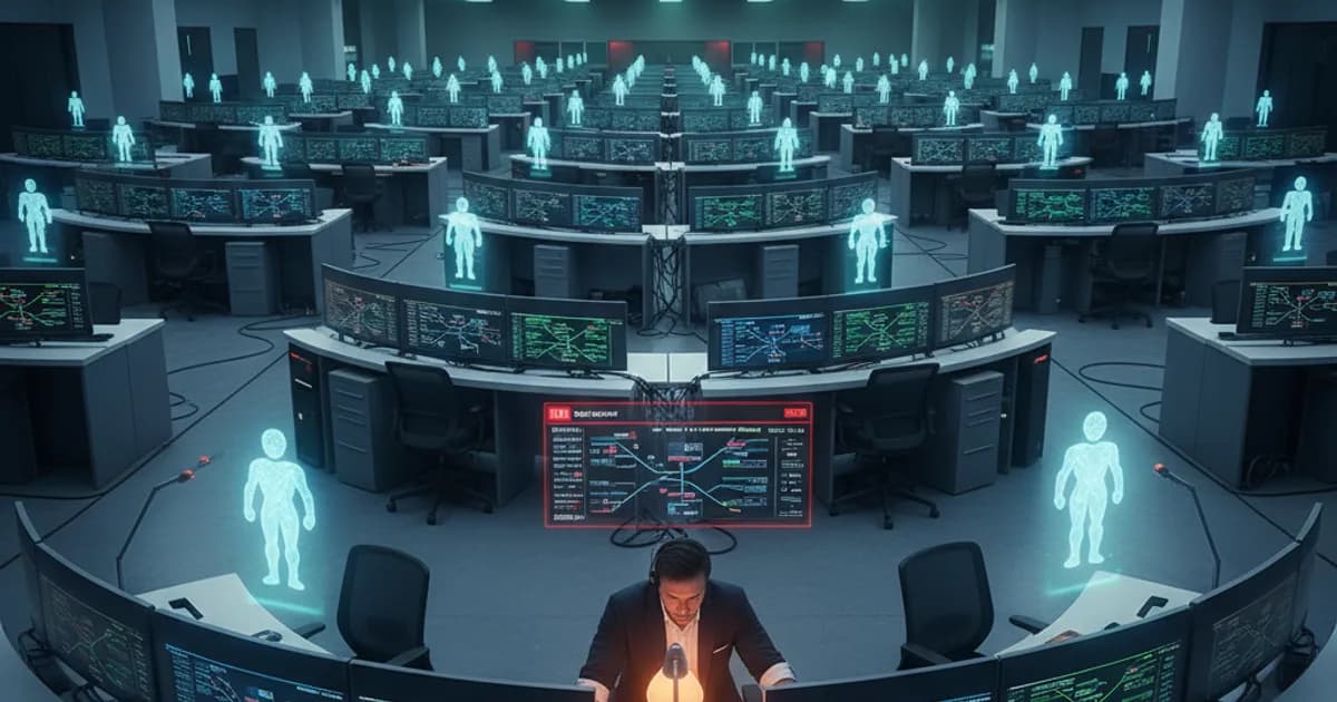 A large enterprise operations center with multiple workstations, viewed from above at a slight angle
