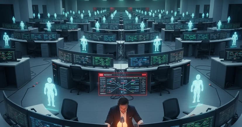 A large enterprise operations center with multiple workstations, viewed from above at a slight angle