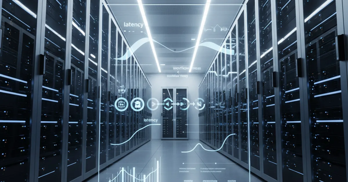 A clean server room with rows of high-density GPU chassis glowing with blue indicator lights, viewed from a low angle that emphasizes scale
