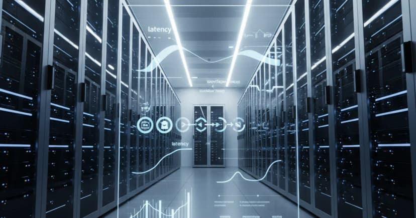 A clean server room with rows of high-density GPU chassis glowing with blue indicator lights, viewed from a low angle that emphasizes scale