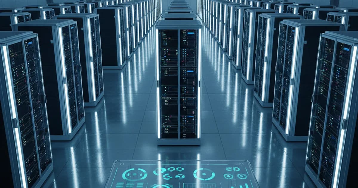 A clean, top-down editorial photograph of a large server room with rows of illuminated GPU racks stretching into the distance, shot under cool blue-white