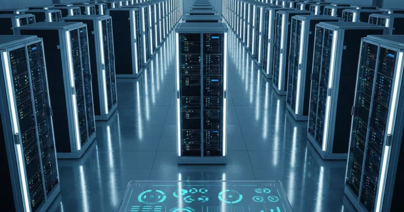 A clean, top-down editorial photograph of a large server room with rows of illuminated GPU racks stretching into the distance, shot under cool blue-white