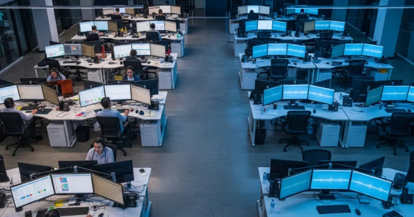 A modern enterprise call center floor photographed from above at an angle, with half the workstations occupied by focused human agents wearing headsets