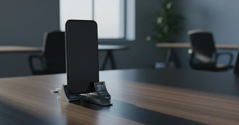 A minimalist 3D render of a sleek, dark smartphone positioned inside miniature, polished chrome track-and-field starting blocks on a dark-oak executive desk