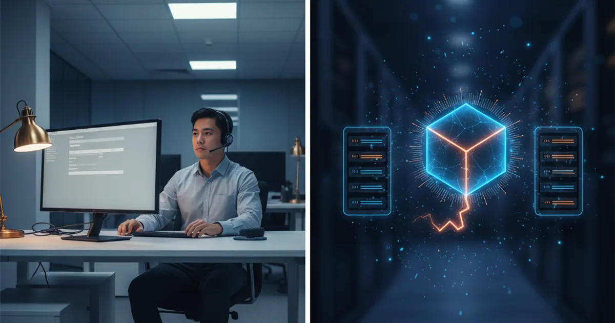 A split-screen editorial photograph set in a modern enterprise contact center