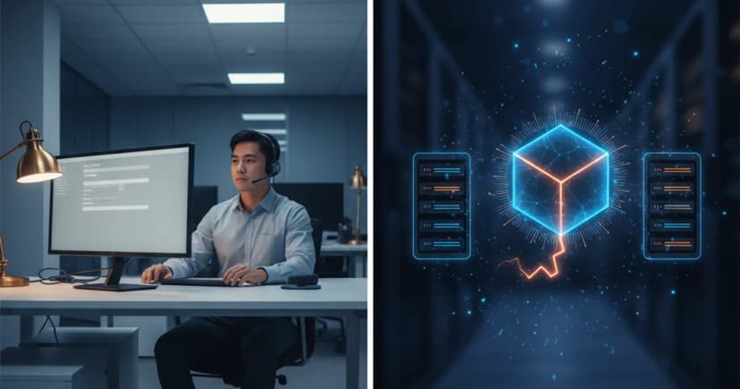 A split-screen editorial photograph set in a modern enterprise contact center