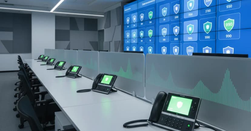 A corporate call center operations room photographed from a low angle, showing a row of desk phones with glowing green trust indicator lights on their screens