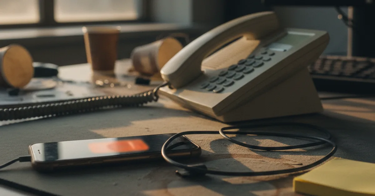 A close-up documentary photograph of a cluttered call center agent's desk at dusk: a smartphone lies face-down showing only a faint blurred glow from a