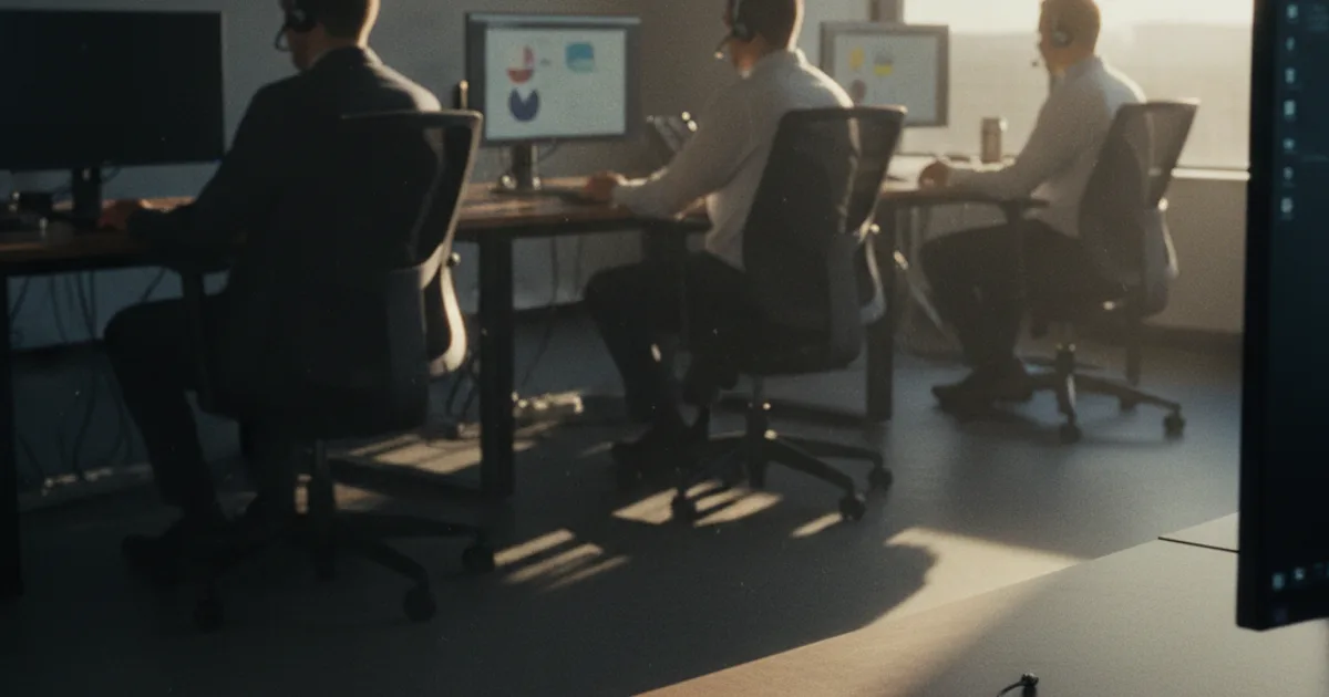 A documentary-style photograph of a modern contact center floor at dusk: three human agents wearing headsets at desks with monitors showing blurred, indistinct
