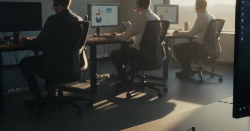 A documentary-style photograph of a modern contact center floor at dusk: three human agents wearing headsets at desks with monitors showing blurred, indistinct