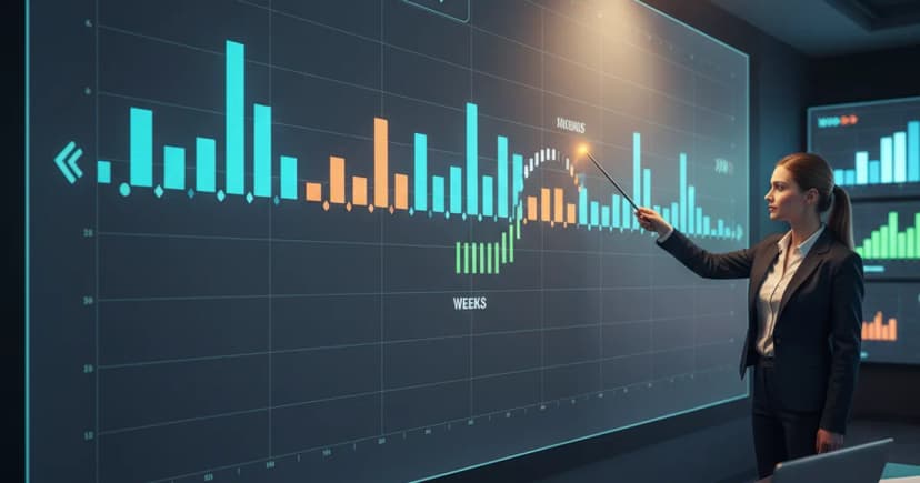 A clean editorial photograph of a large wall-mounted timeline chart in a modern operations center, with a project manager pointing to a compressed timeline arc