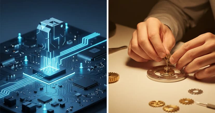 A clean editorial split-screen render: on the left side, a glowing modular connector block snapping into place on a circuit board representing rapid