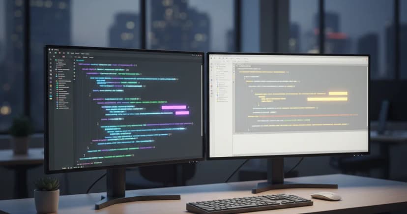 A clean, well-lit engineering workspace showing two monitors side by side on a standing desk: one displaying a terminal window with multi-line command output