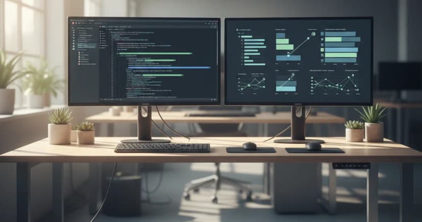 A clean, well-lit engineering workspace showing two large monitors side by side on a standing desk in a modern open-plan office
