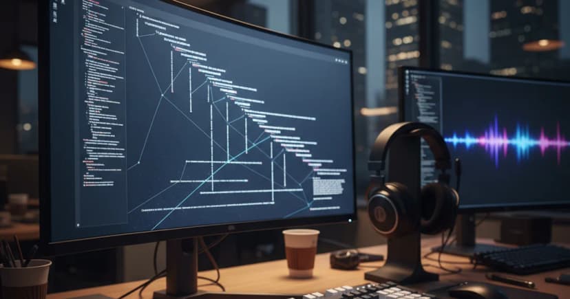 A clean editorial photograph of a developer's workstation in a dimly lit San Francisco office at night