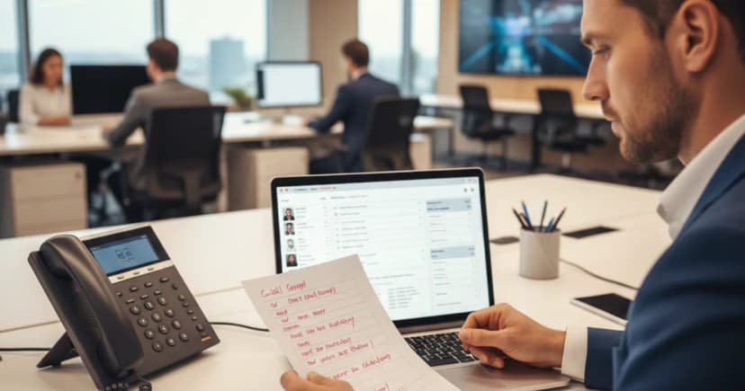 A professional operations manager sits at a clean desk in a modern corporate office, reviewing a printed call script with compliance checkboxes marked in red