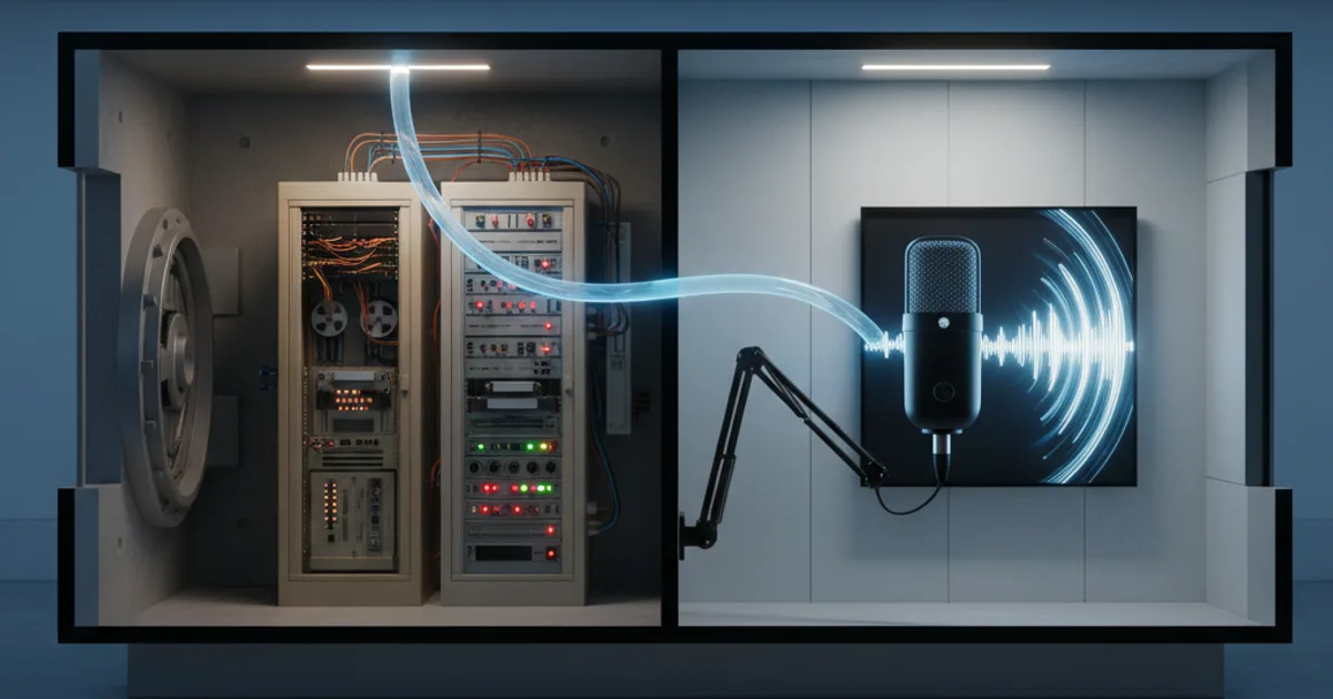 A cross-section diagram rendered as a clean 3D architectural model showing a vintage mainframe server vault on the left connected by a glowing fiber-optic