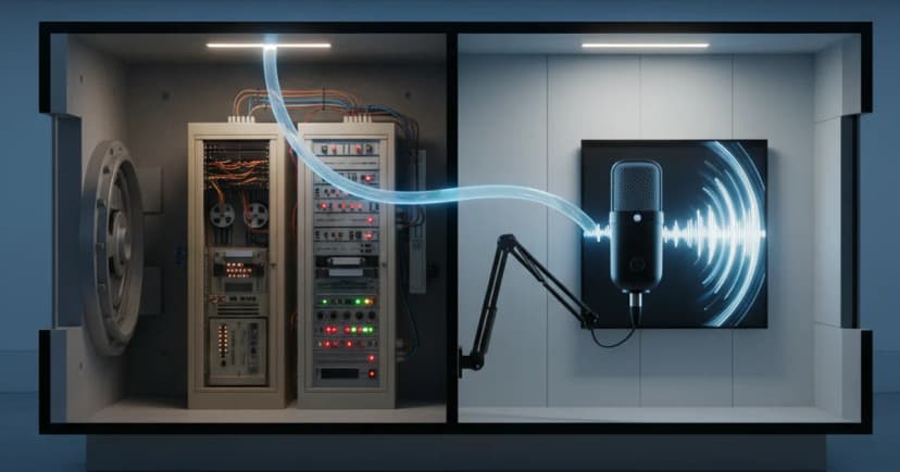 A cross-section diagram rendered as a clean 3D architectural model showing a vintage mainframe server vault on the left connected by a glowing fiber-optic