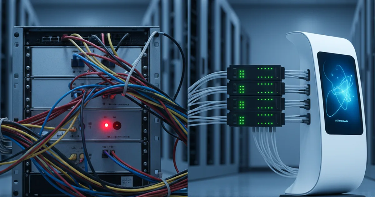 A clean server room with a split-screen concept: on the left, tangled cables connecting directly to an old rack-mounted database unit with a red warning light