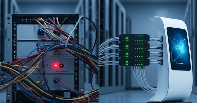 A clean server room with a split-screen concept: on the left, tangled cables connecting directly to an old rack-mounted database unit with a red warning light