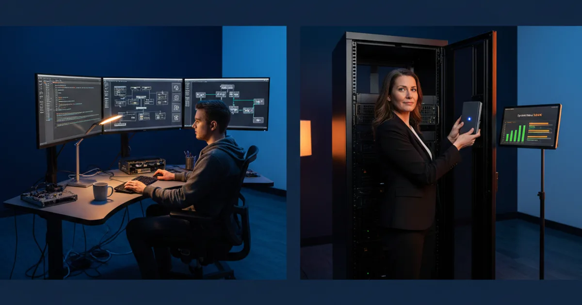 A split-screen scene in a modern enterprise operations center