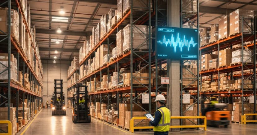 A wide-angle shot of a busy Dallas distribution center warehouse floor at dusk, with rows of shelving, forklifts in motion, and a large digital screen on a