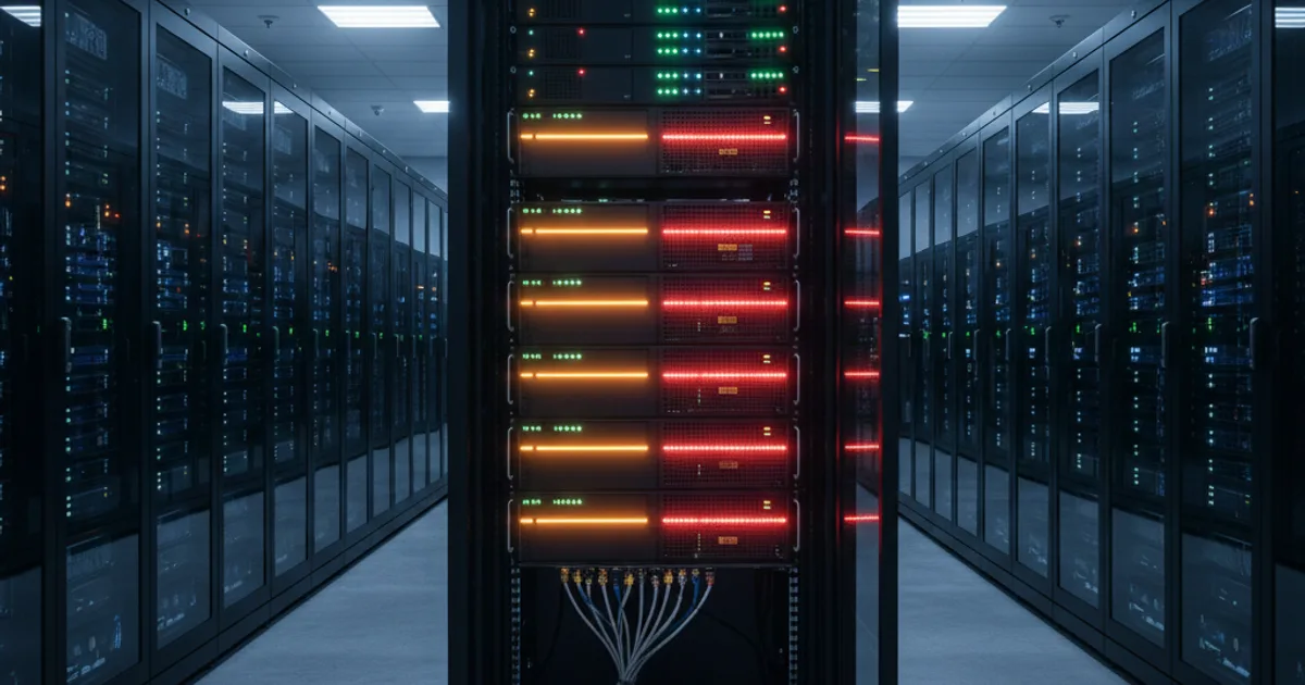 A wide-angle editorial photograph of a modern enterprise data center server room at night, with rows of illuminated server racks extending into the distance
