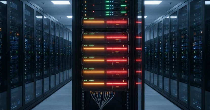 A wide-angle editorial photograph of a modern enterprise data center server room at night, with rows of illuminated server racks extending into the distance