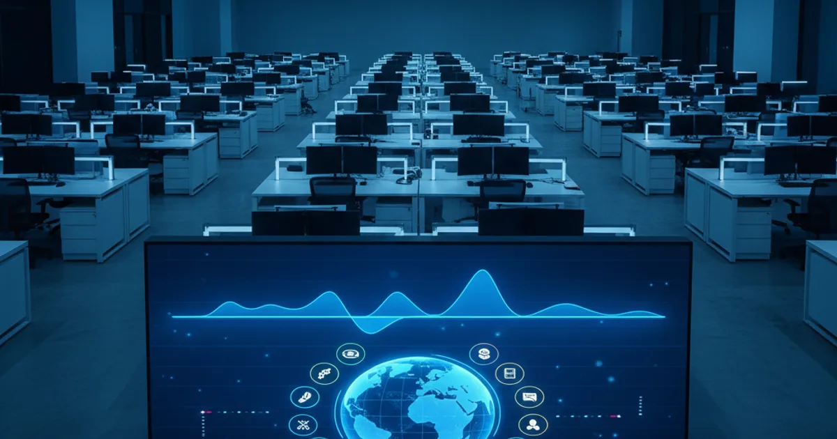 A wide-angle editorial photograph of a modern enterprise contact center floor at night, with rows of workstations softly lit in cool blue ambient light