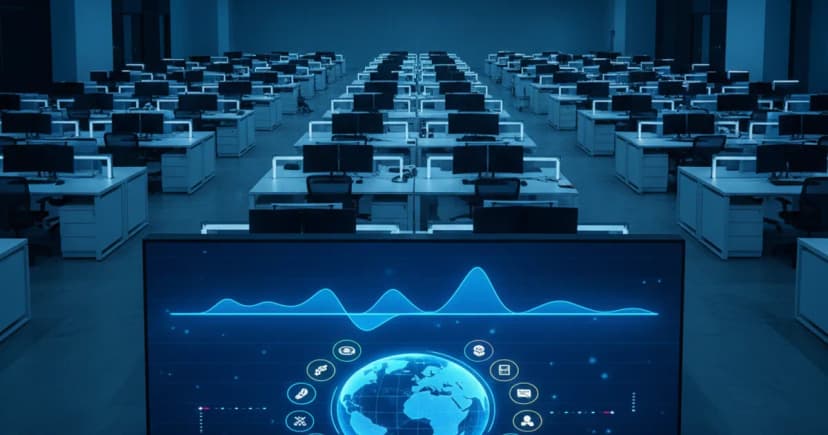A wide-angle editorial photograph of a modern enterprise contact center floor at night, with rows of workstations softly lit in cool blue ambient light