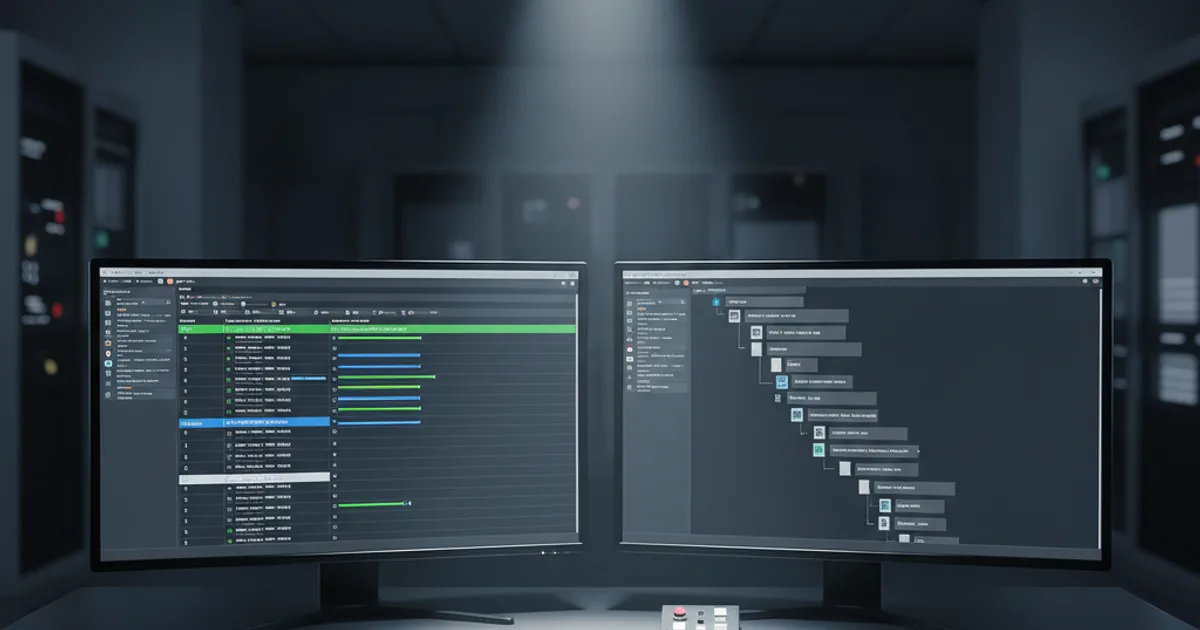 A clean editorial-style photograph of an operations control room desk with two monitors showing structured data tables and file directory trees, no readable