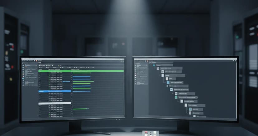 A clean editorial-style photograph of an operations control room desk with two monitors showing structured data tables and file directory trees, no readable