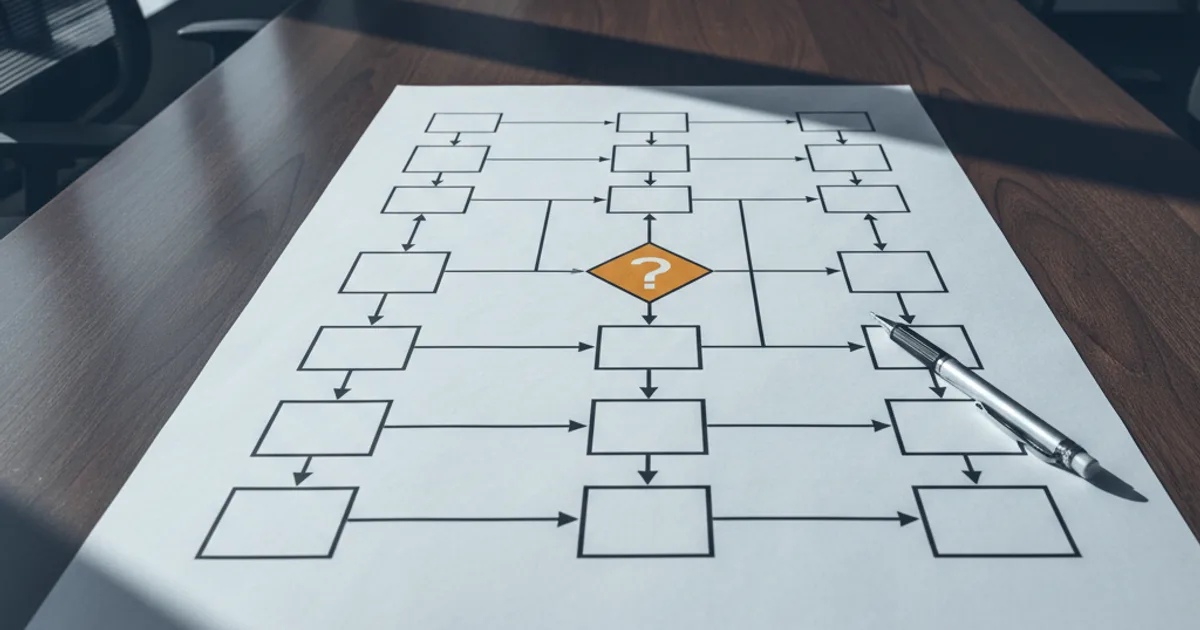 A clean, top-down view of a large physical flowchart printed on matte paper spread across a dark oak conference table in a financial services office