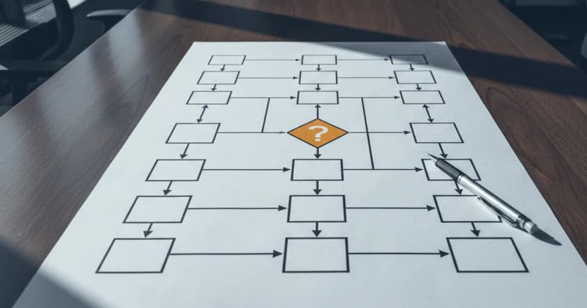 A clean, top-down view of a large physical flowchart printed on matte paper spread across a dark oak conference table in a financial services office